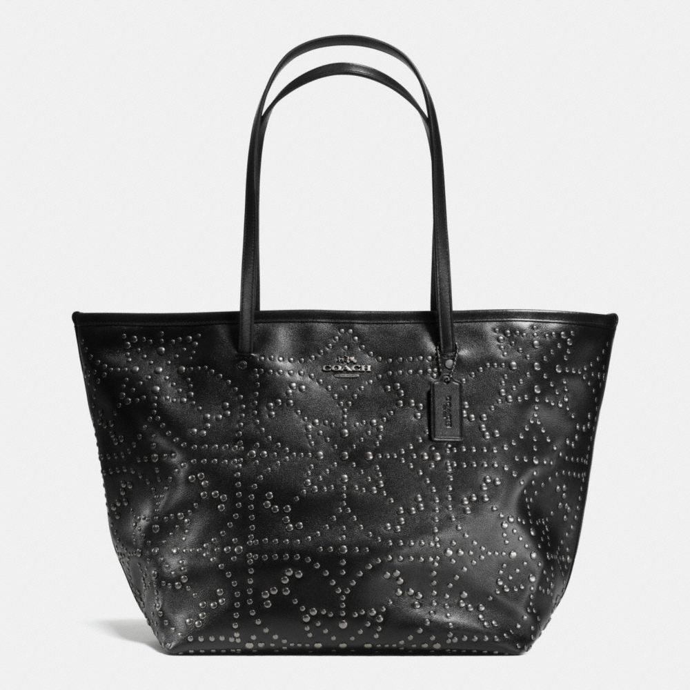 LARGE STREET TOTE IN MINI STUDDED LEATHER - COACH f35163 - ANTIQUE NICKEL/BLACK