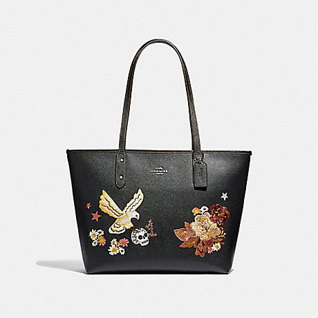 COACH CITY ZIP TOTE WITH TATTOO EMBROIDERY - BLACK MULTI/BLACK ANTIQUE NICKEL - F35865