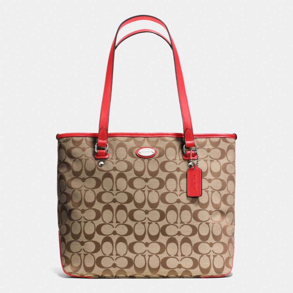 ZIP TOP TOTE IN SIGNATURE - COACH f36375 - SILVER/KHAKI/CARDINAL