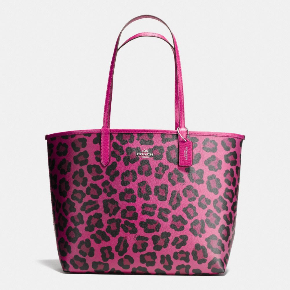 REVERSIBLE CITY TOTE IN WILD BEAST PRINT CANVAS - COACH f36643 - SILVER/CRANBERRY/CRANBERRY