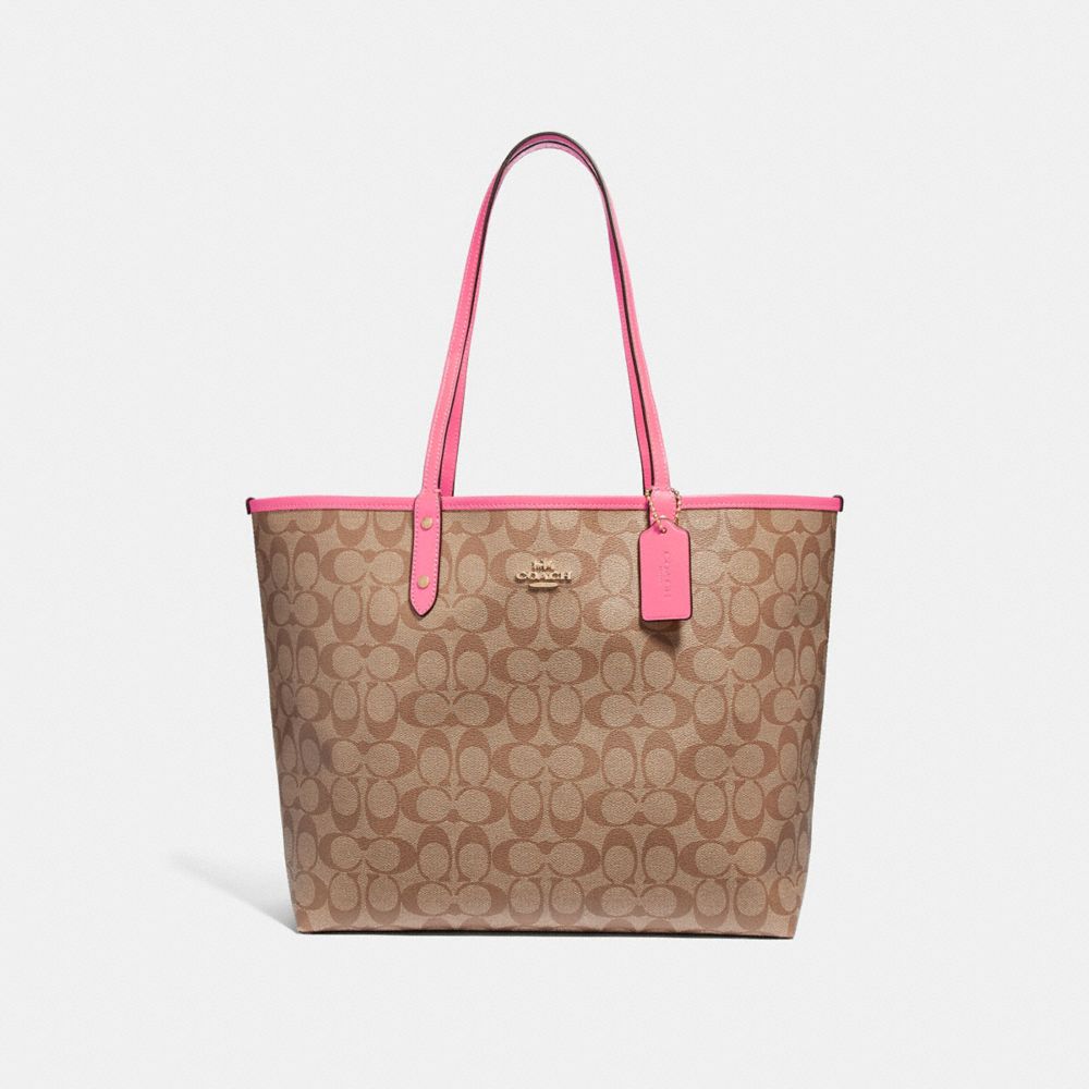 COACH REVERSIBLE CITY TOTE IN SIGNATURE CANVAS - KHAKI/PINK RUBY/GOLD - F36658