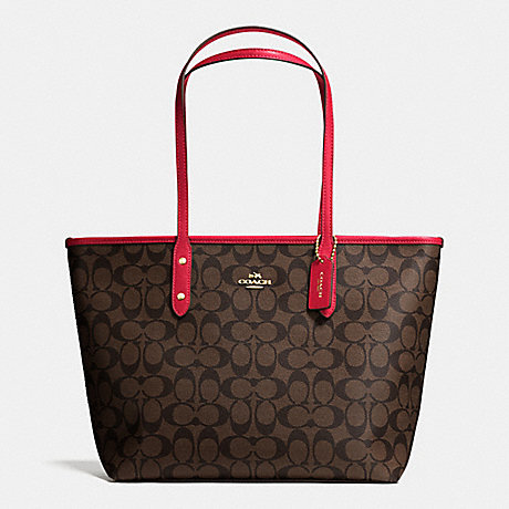 COACH CITY ZIP TOTE IN SIGNATURE - IMITATION GOLD/BROW TRUE RED - f36876