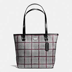 ZIP TOP TOTE IN GLEN PLAID COATED CANVAS - COACH f37057 - SILVER/BLACK