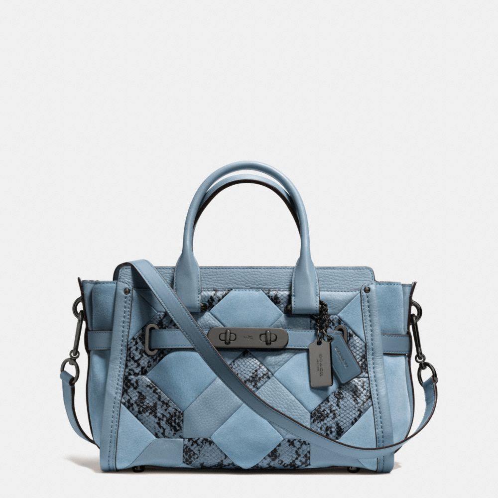 COACH SWAGGER 27 IN PATCHWORK EXOTIC EMBOSSED LEATHER - COACH f37188 - DARK GUNMETAL/CORNFLOWER