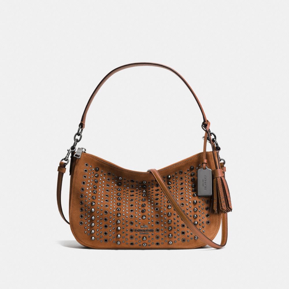 COACH ALL OVER STUDS AND GROMMETS CHELSEA CROSSBODY IN SUEDE - ANTIQUE NICKEL/SADDLE - F37583