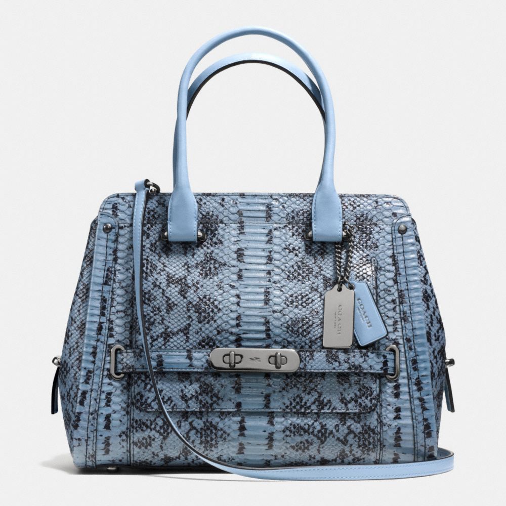 COACH SWAGGER FRAME SATCHEL IN COLORBLOCK EXOTIC EMBOSSED LEATHER - COACH f37585 - DARK GUNMETAL/CORNFLOWER