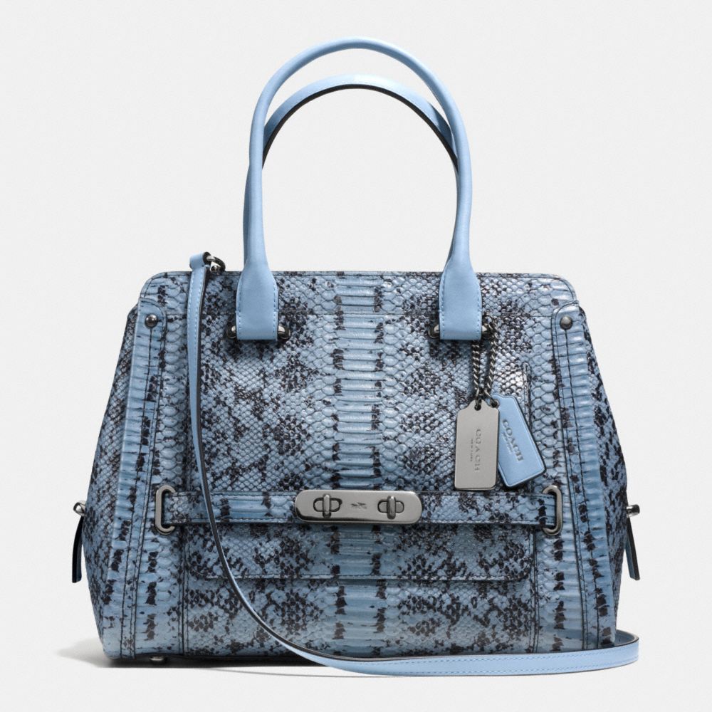 COACH COACH SWAGGER FRAME SATCHEL IN COLORBLOCK EXOTIC EMBOSSED LEATHER - DARK GUNMETAL/CORNFLOWER - F37585