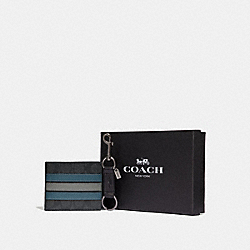 COACH BOXED 3-IN-1 WALLET GIFT SET IN SIGNATURE CANVAS WITH VARSITY STRIPE - BLACK BLACK MINERAL/BLACK ANTIQUE NICKEL - F37944