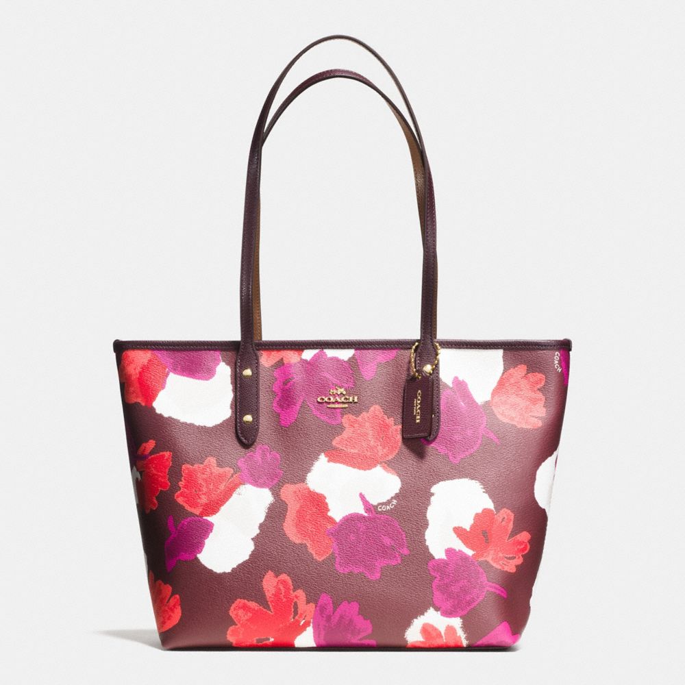 COACH CITY ZIP TOTE IN FIELD FLORA PRINT COATED CANVAS - IMITATION GOLD/BURGUNDY MULTI - F38396