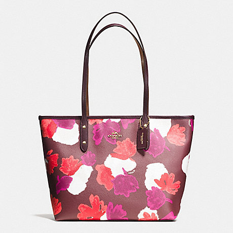 COACH CITY ZIP TOTE IN FIELD FLORA PRINT COATED CANVAS - IMITATION GOLD/BURGUNDY MULTI - f38396