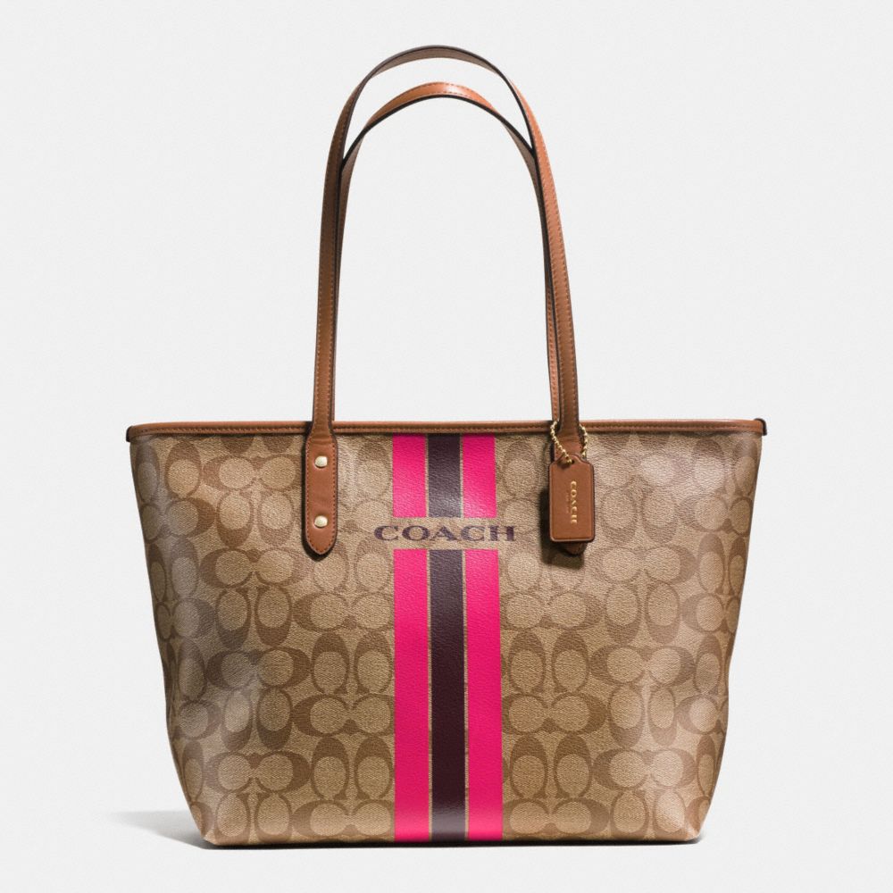 COACH VARSITY STRIPE CITY ZIP TOTE IN SIGNATURE - COACH f38405 - IMITATION GOLD/KHAKI/PINK RUBY