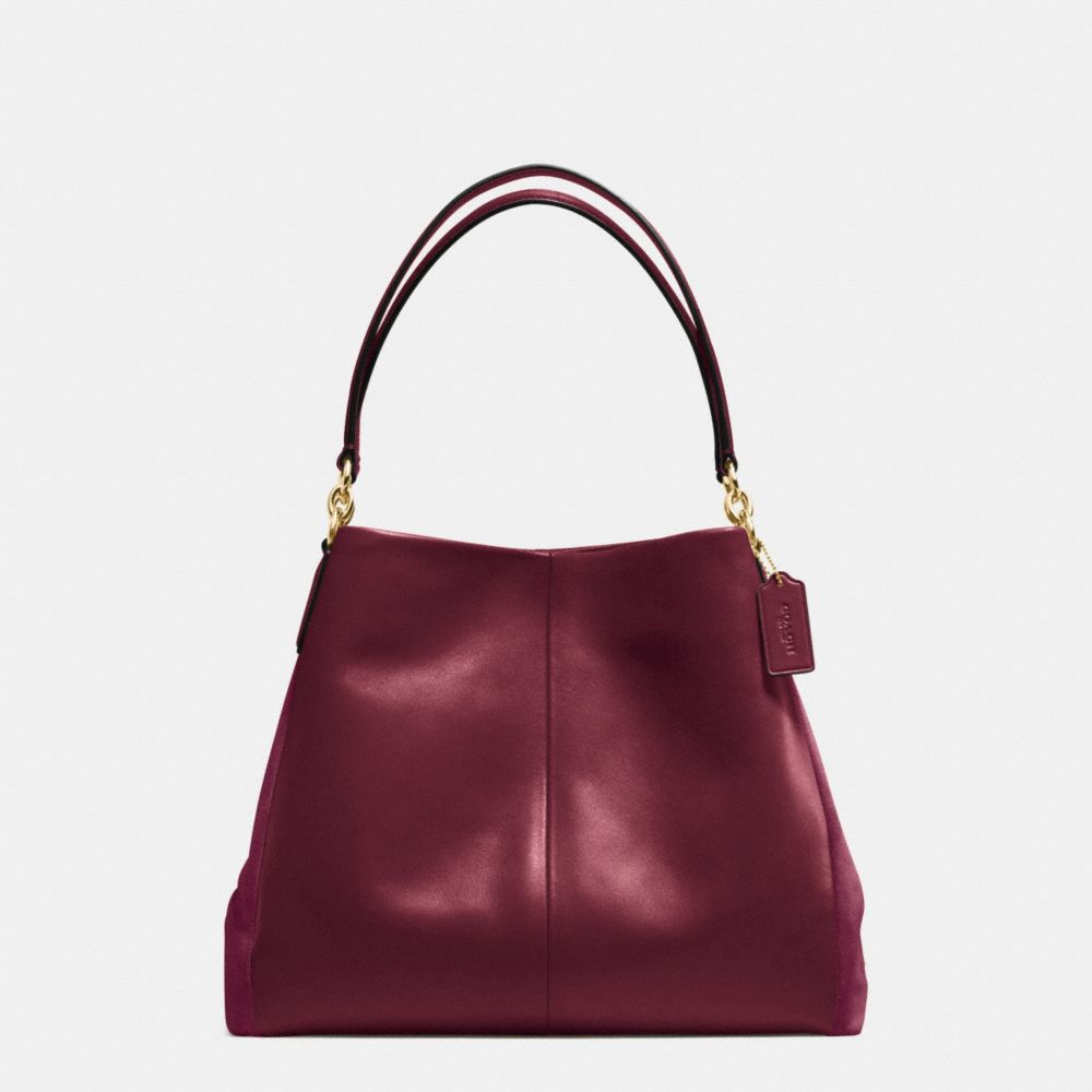 COACH PHOEBE SHOULDER BAG IN SUEDE AND CROC EMBOSSED LEATHER - IMITATION GOLD/BURGUNDY - F38415