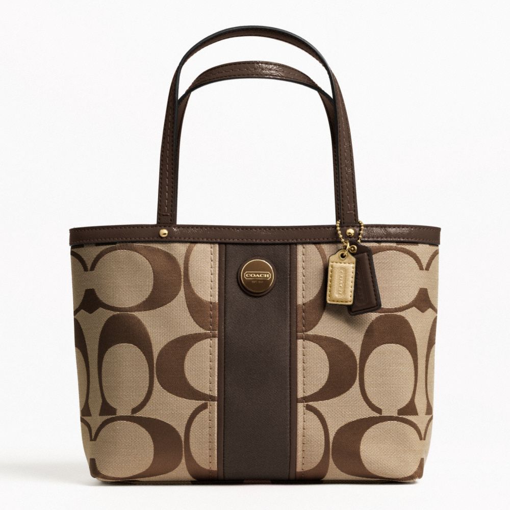 SIGNATURE STRIPE TOP HANDLE TOTE - COACH F48798 - BRASS/KHAKI/MAHOGANY