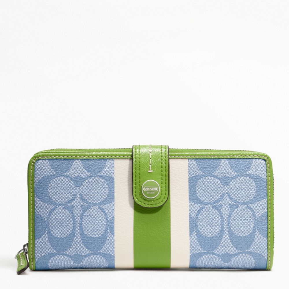 SIGNATURE STRIPE PVC STRIPE ACCORDION ZIP WALLET WITH TAB - COACH f49077 - SILVER/LIGHT GOLDGHT BLUE/GREEN
