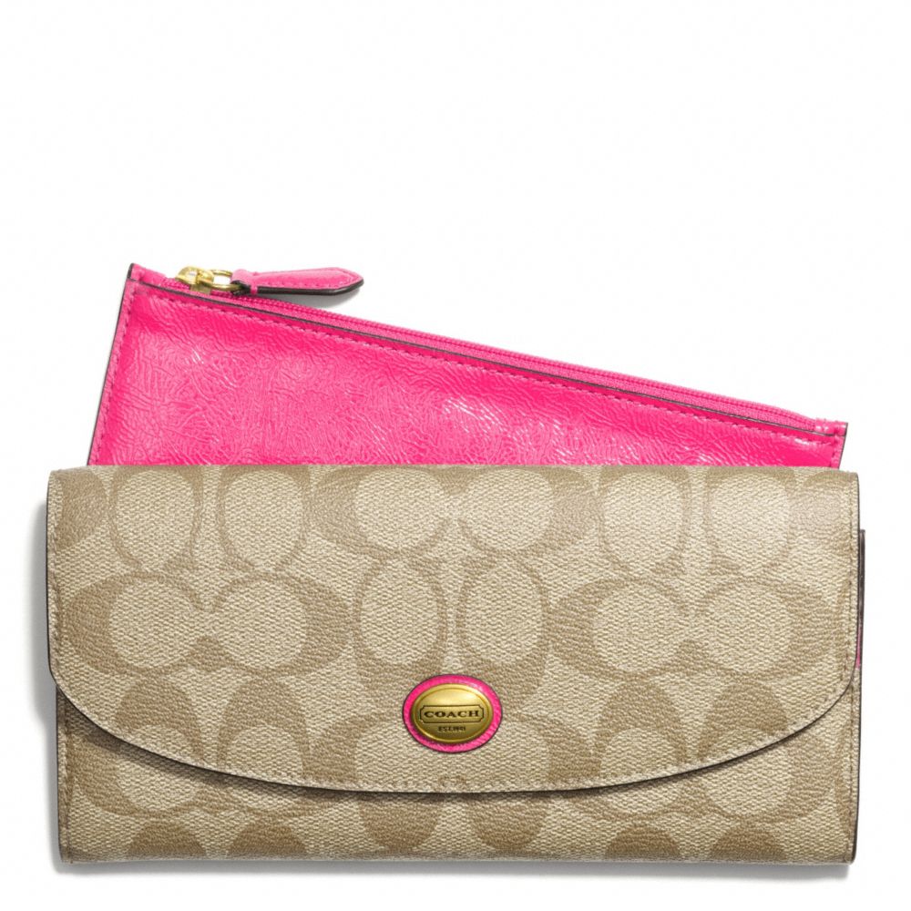 PEYTON SLIM ENVELOPE WITH POUCH IN SIGNATURE FABRIC - COACH f49154 - BRASS/LT KHAKI/POMEGRANATE