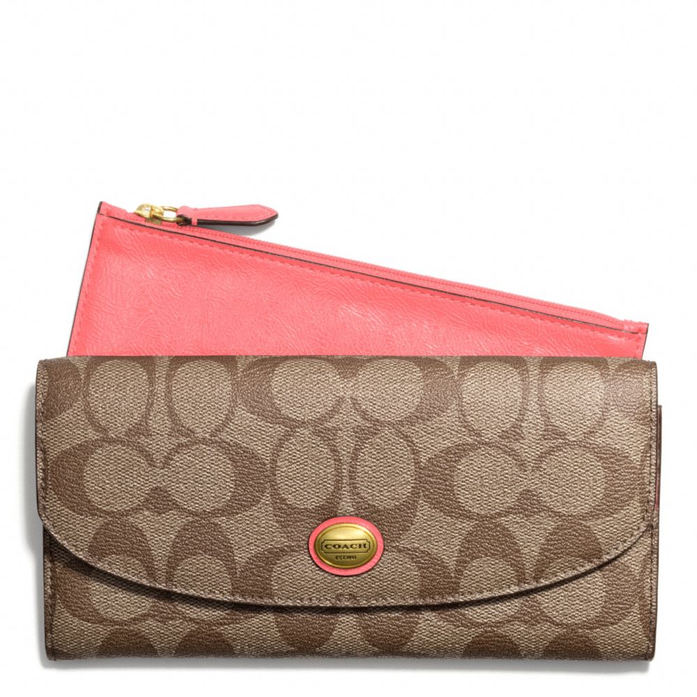 PEYTON SIGNATURE SLIM ENVELOPE WITH POUCH - COACH f49154 - BRASS/KHAKI/CORAL