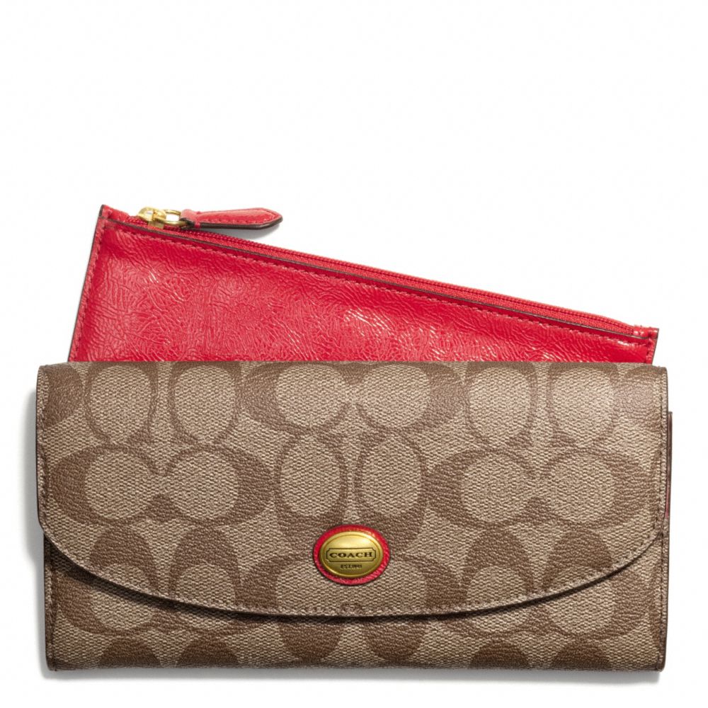 PEYTON SIGNATURE SLIM ENVELOPE WITH POUCH - COACH f49154 - BRASS/KHAKI/RED
