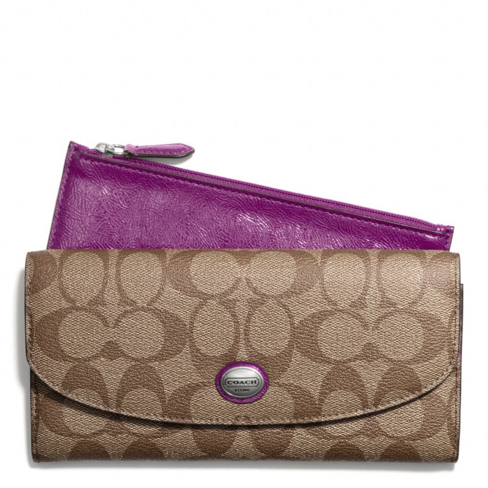 PEYTON SIGNATURE SLIM ENVELOPE WALLET WITH POUCH - COACH f49154 - SILVER/KHAKI/PLUM