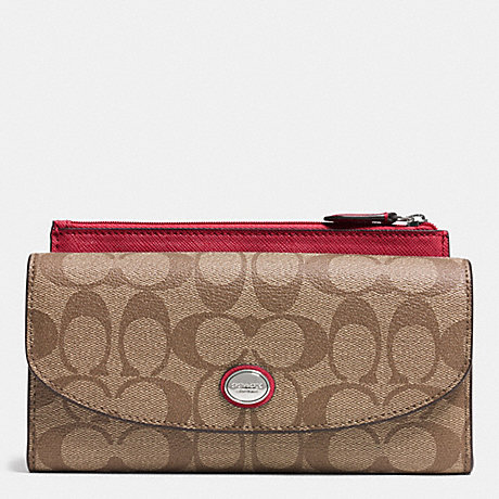 COACH PEYTON SIGNATURE SLIM ENVELOPE WITH POUCH - SILVER/KHAKI/RED - f49154