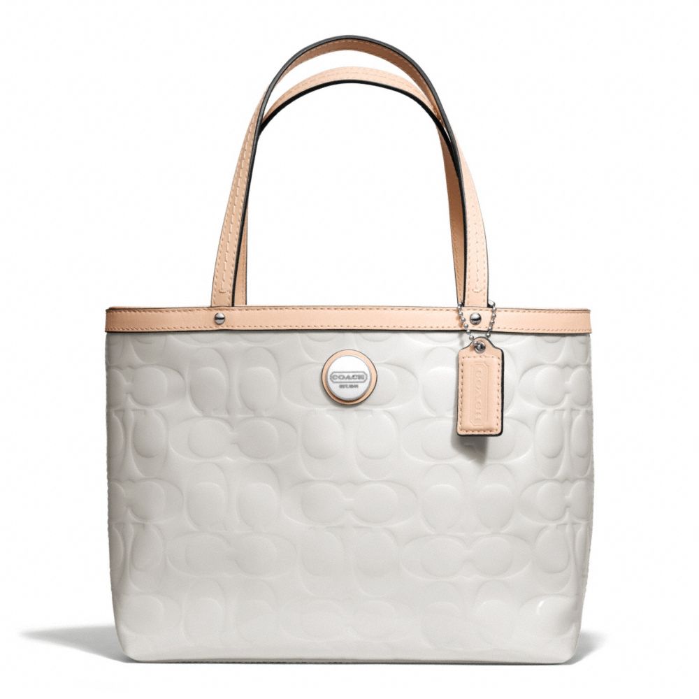 COACH SIGNATURE STRIPE EMBOSSED PATENT TOP HANDLE TOTE - SILVER/WHITE/TAN - F49826