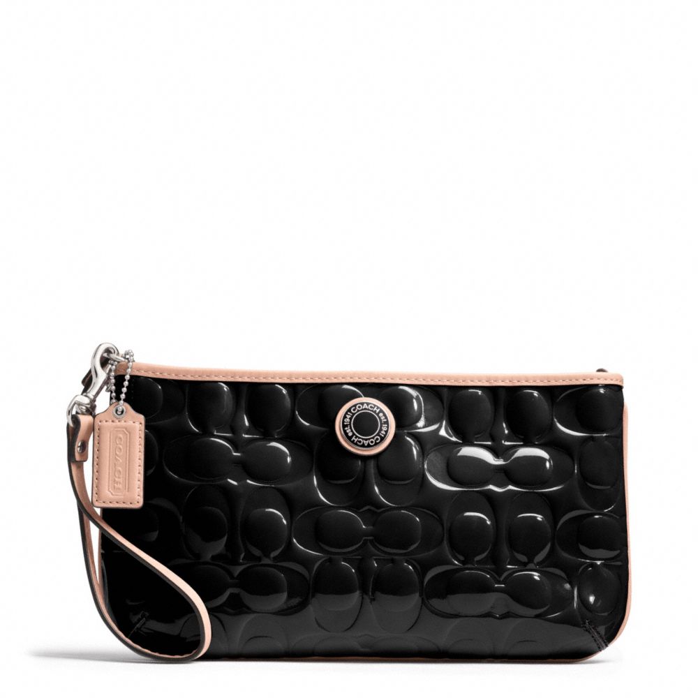 SIGNATURE STRIPE EMBOSSED PATENT LARGE WRISTLET - COACH f49827 - SILVER/BLACK/TAN