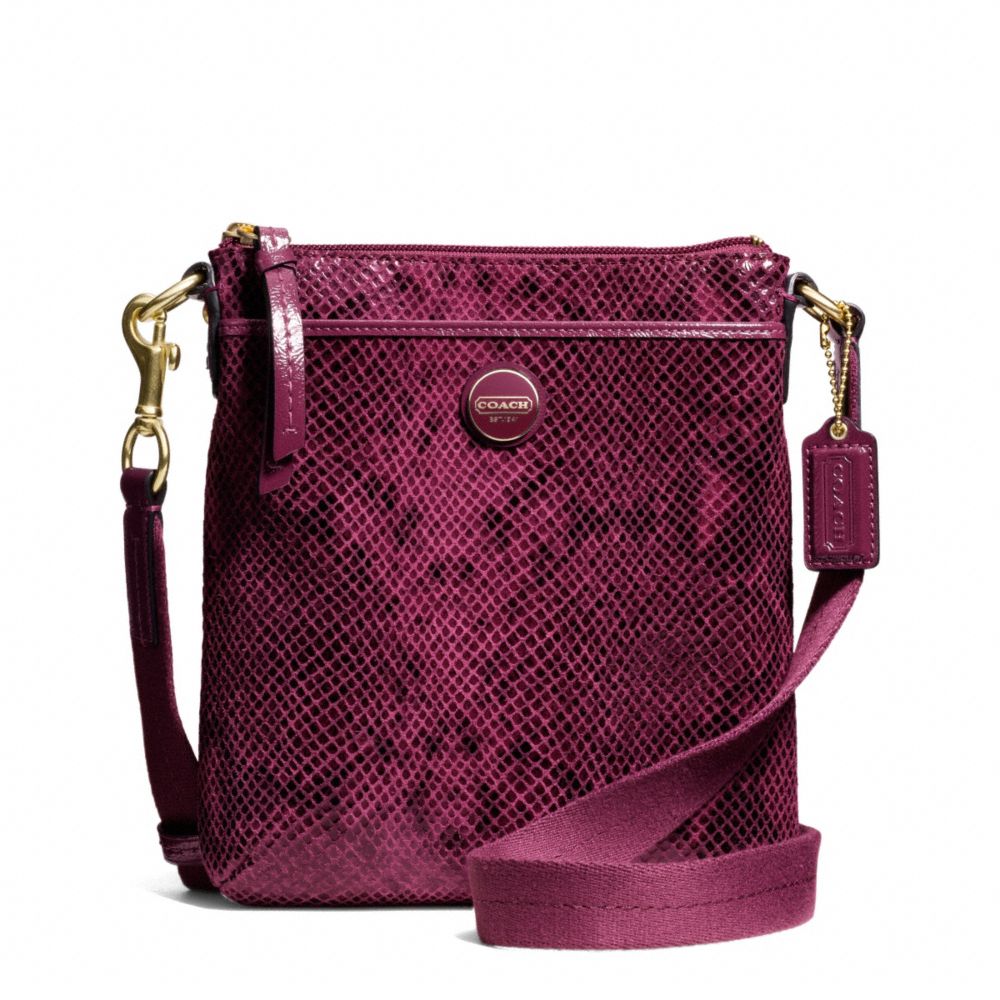 COACH SIGNATURE STRIPE EMBOSSED EXOTIC SWINGPACK - BRASS/RASPBERRY - F50116