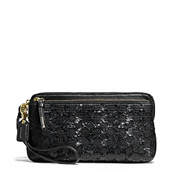 POPPY SEQUIN SIGNATURE C DOUBLE ZIP WALLET - f50275 - BRASS/BLACK