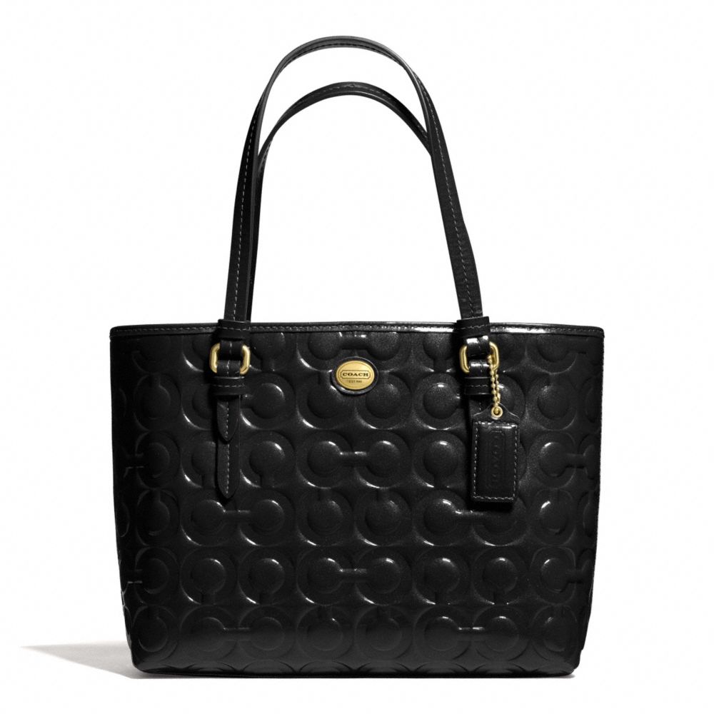 COACH PEYTON OP ART EMBOSSED PATENT TOP HANDLE TOTE - BRASS/BLACK - F50540