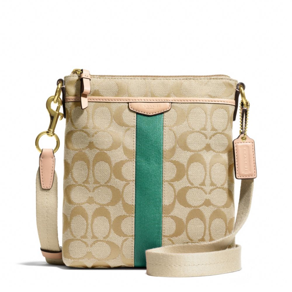 COACH SIGNATURE STRIPE NORTH/SOUTH SWINGPACK - BRASS/KHAKI/EMERALD - F50600