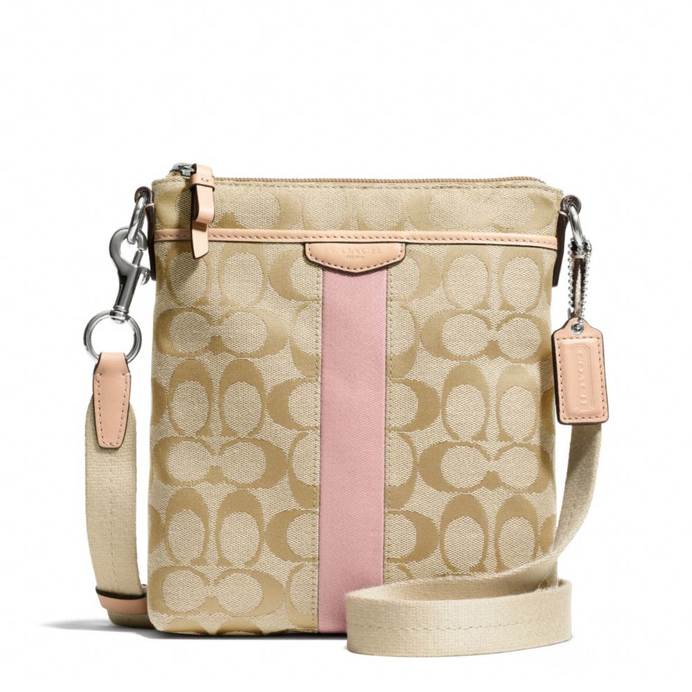 COACH SIGNATURE STRIPE NORTH/SOUTH SWINGPACK - SILVER/LIGHT KHAKI/SHELL PINK - F50600