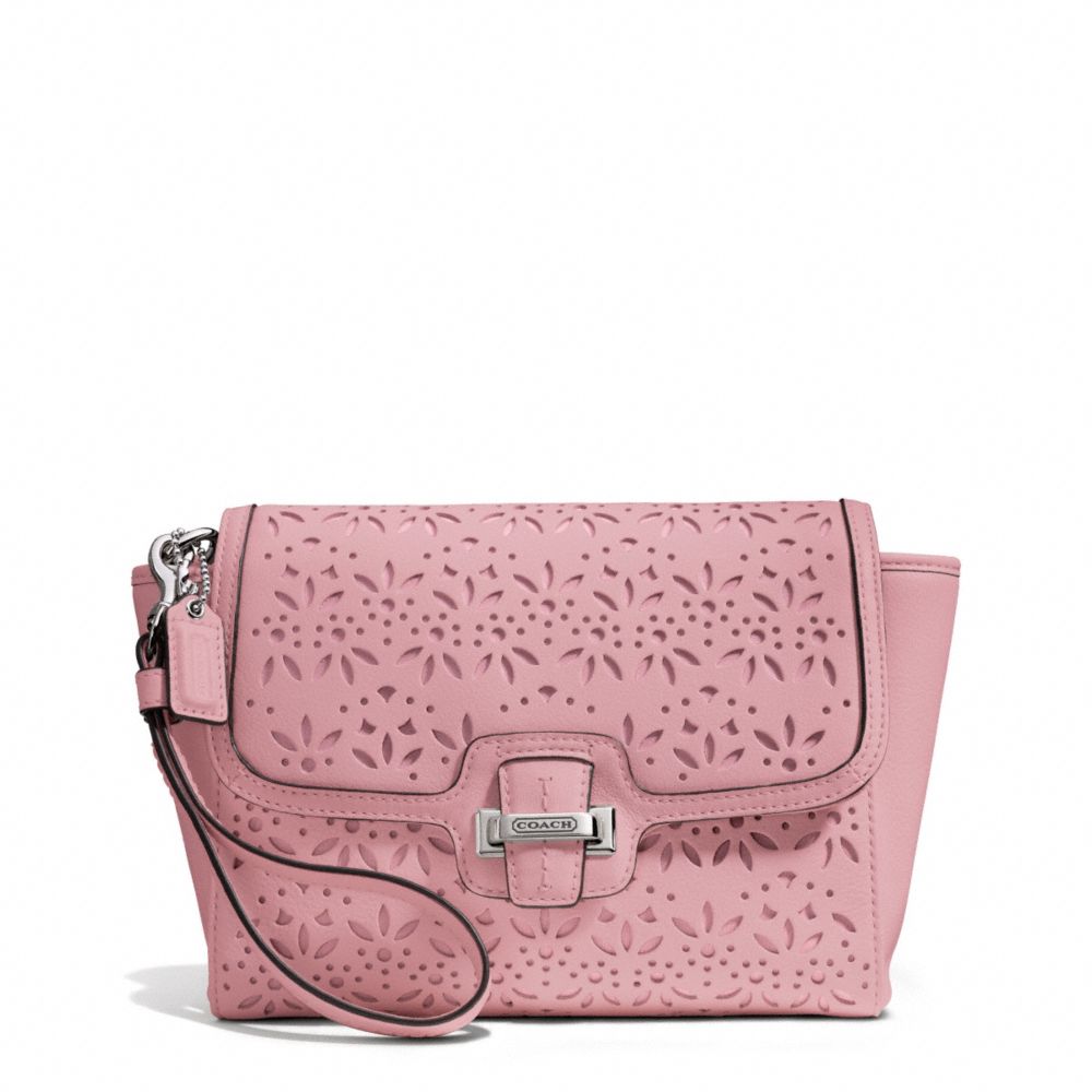 COACH TAYLOR EYELET LEATHER FLAP CLUTCH - SILVER/PINK TULLE - F50632