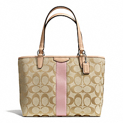 SIGNATURE STRIPE TOP HANDLE TOTE - COACH f50792 - SILVER/LIGHT KHAKI/SHELL PINK