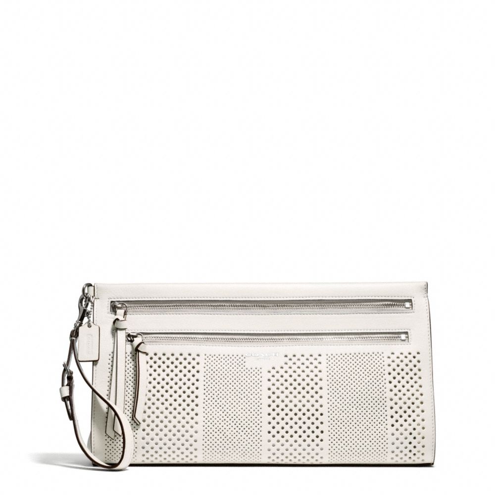 BLEECKER STRIPED PERFORATED LEATHER LARGE CLUTCH - COACH f51079 - SILVER/PARCHMENT
