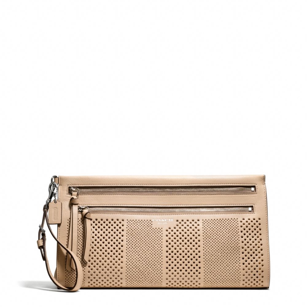 COACH BLEECKER STRIPED PERFORATED LEATHER LARGE CLUTCH - SILVER/TAN - F51079