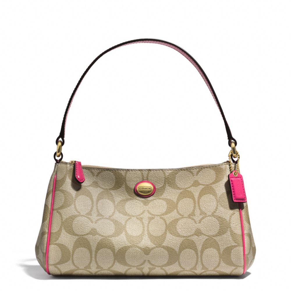 COACH PEYTON TOP HANDLE POUCH IN SIGNATURE  FABRIC - BRASS/LT KHAKI/POMEGRANATE - F51175