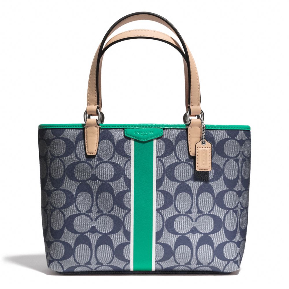 SIGNATURE STRIPE TOP HANDLE TOTE - COACH f51267 - SILVER/NAVY/BRIGHT JADE