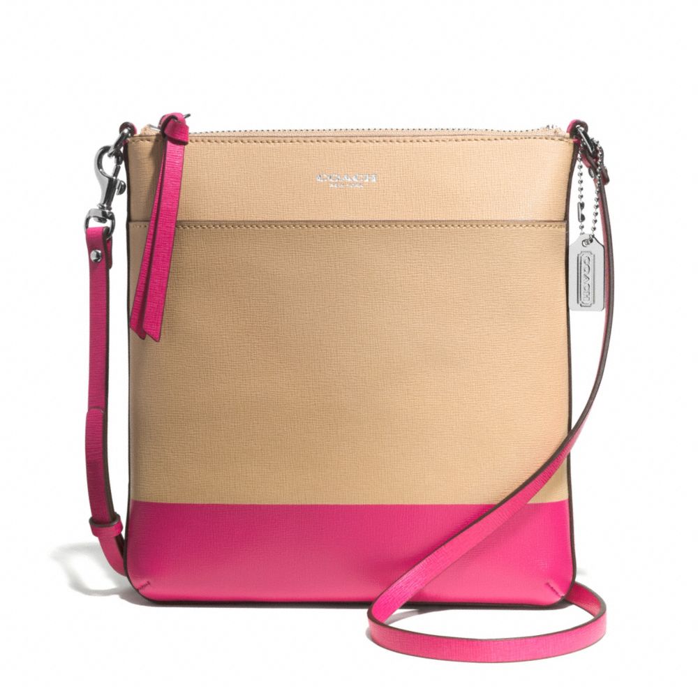 COACH PRINTED TWO TONE NORTH/SOUTH SWINGPACK - SILVER/CAMEL/PINK RUBY - F51557