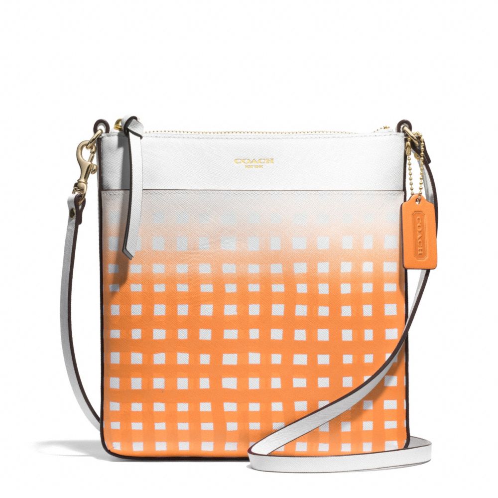 COACH GINGHAM SAFFIANO NORTH/SOUTH SWINGPACK - LIGHT GOLD/WHITE/BRIGHT MANDARIN - F51632