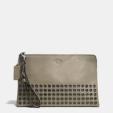 COACH BLEECKER GROMMETS LARGE POUCH CLUTCH IN LEATHER -  BLACK ANTIQUE NICKEL/OLIVE GREY - f52109