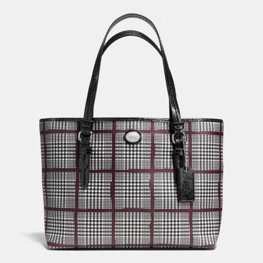 COACH PEYTON GLENPLAID PRINT TOP HANDLE TOTE - SILVER/BORDEAUX MULTI - F52196