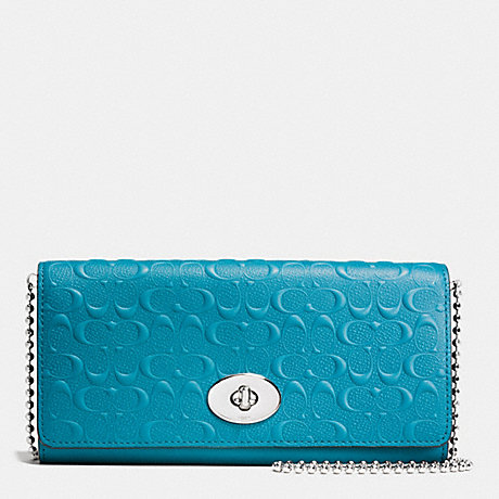 COACH SLIM ENVELOPE WALLET ON CHAIN IN LOGO EMBOSSED LEATHER - SILVER/TEAL - f52353