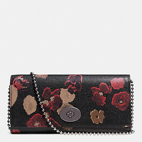 COACH SLIM ENVELOPE WALLET ON CHAIN IN FLORAL PRINT LEATHER - BURNISHED ANTIQUE BRASS/BLACK MULTI - f52398
