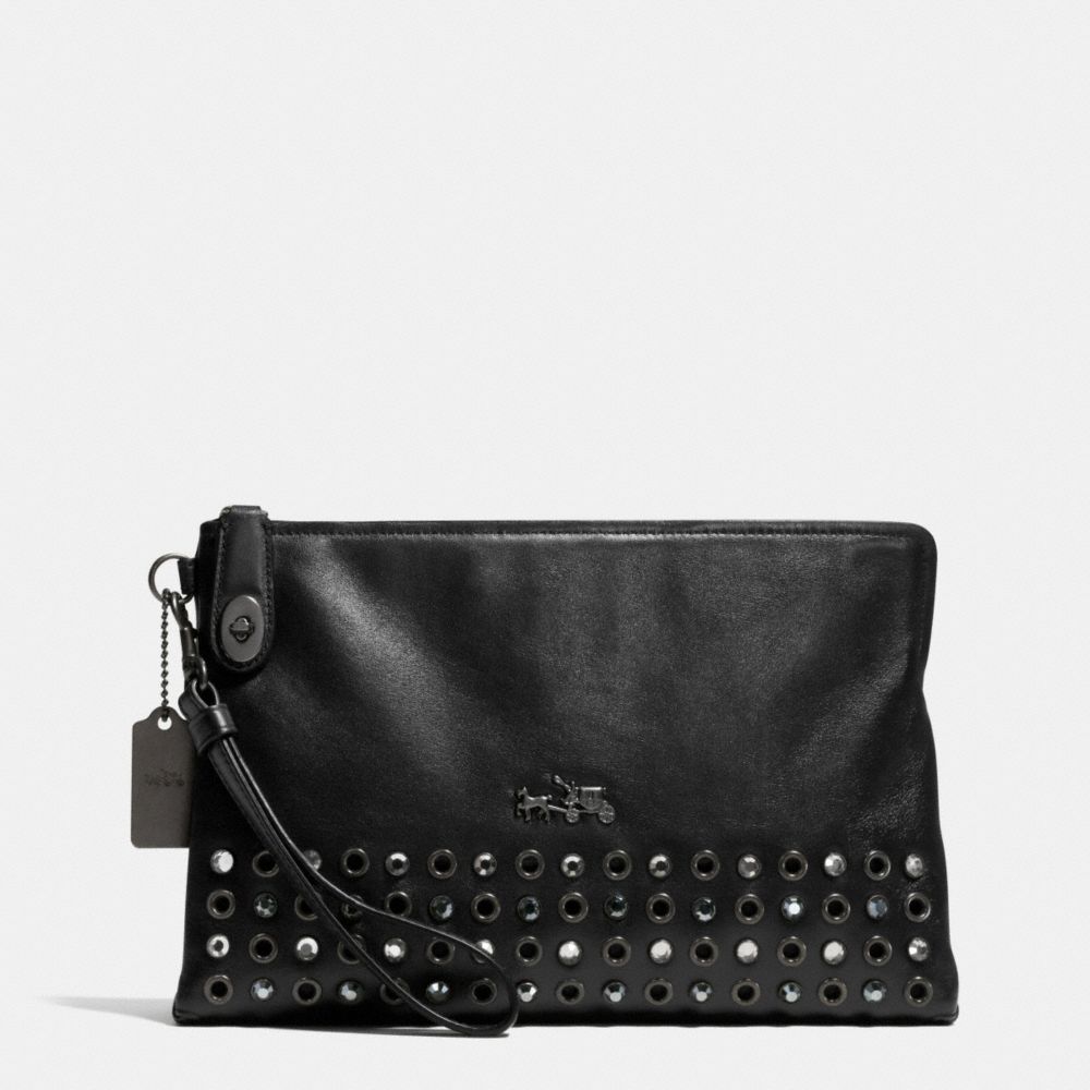 COACH JEWELS AND GROMMETS LARGE POUCH CLUTCH IN LEATHER - BURNISHED ANTIQUE BRASS/BLACK - F52476