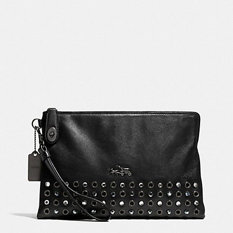 COACH JEWELS AND GROMMETS LARGE POUCH CLUTCH IN LEATHER - BURNISHED ANTIQUE BRASS/BLACK - f52476