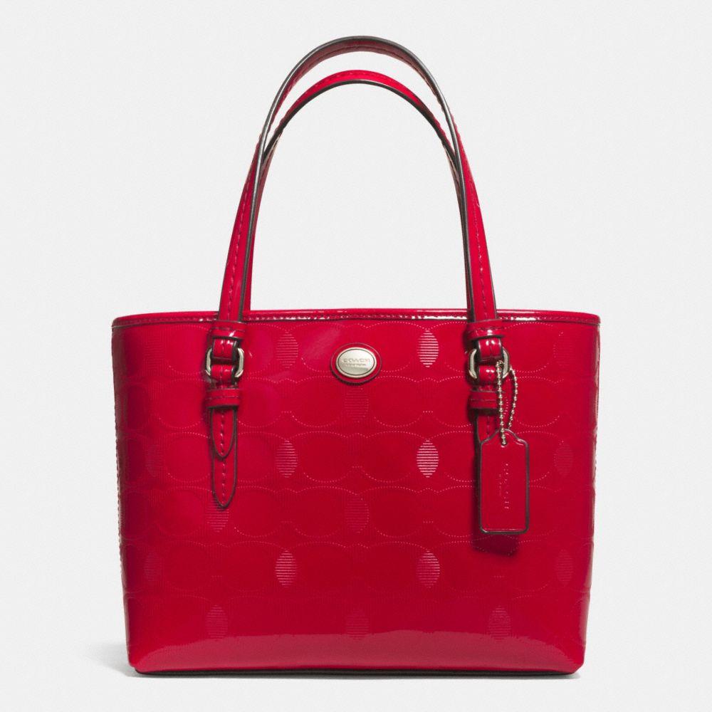 COACH PEYTON LINEAR C EMBOSSED PATENT TOP HANDLE TOTE - SILVER/RED - F52534