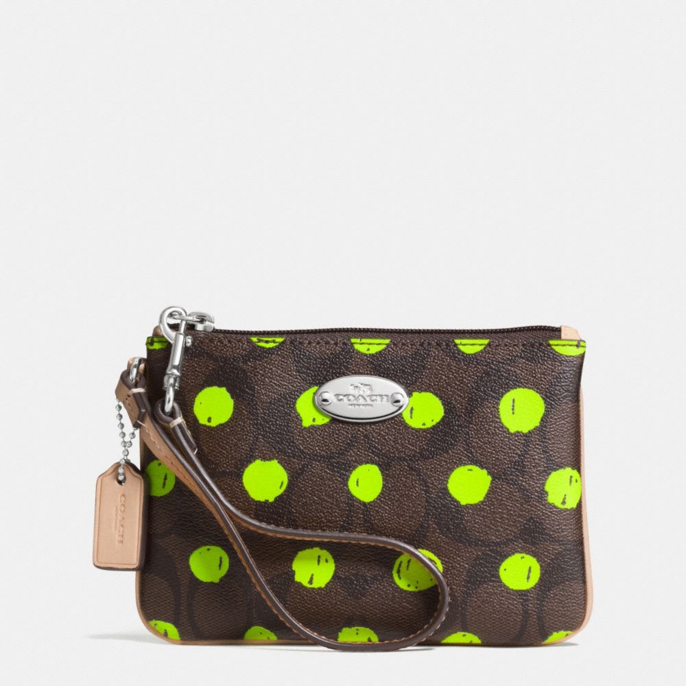 SMALL WRISTLET IN DOT PRINT SIGNATURE CANVAS - COACH f52581 - SILVER/BROWN/NEON YELLOW