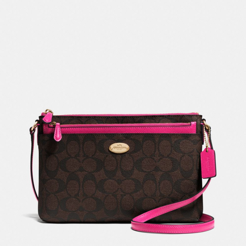 EAST/WEST POP CROSSBODY IN SIGNATURE CANVAS - COACH f52657 -  IMITATION GOLD/BROWN/PINK RUBY