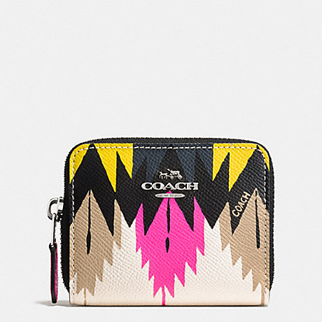 COACH ZIP AROUND COIN CASE IN PRINTED CROSSGRAIN LEATHER - SILVER/HAWK FEATHER - f52787