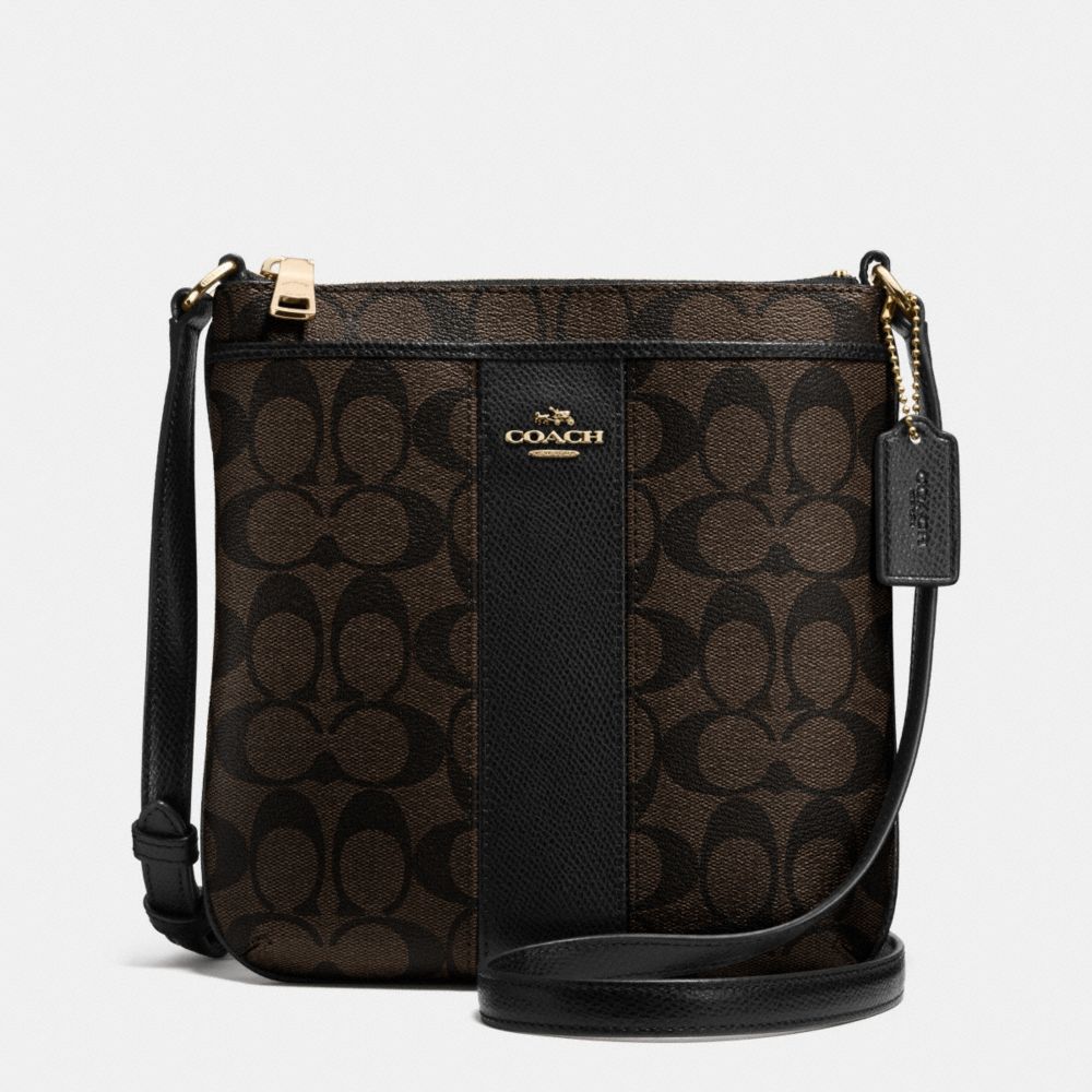 SIGNATURE COATED CANVAS WITH LEATHER NORTH/SOUTH CROSSBODY - COACH f52856 - LIGHT GOLD/BROWN/BLACK