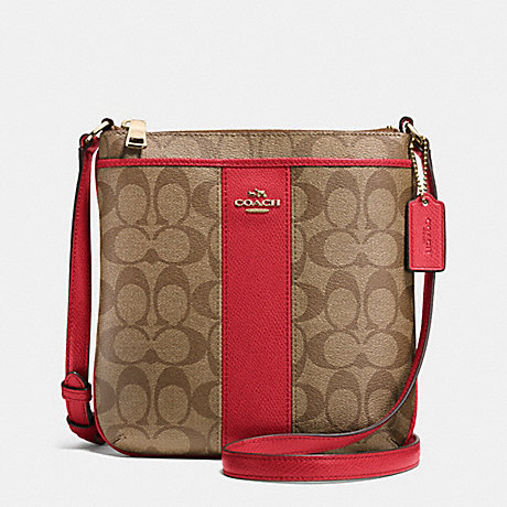COACH SIGNATURE COATED CANVAS WITH LEATHER NORTH/SOUTH CROSSBODY - LIGHT GOLD/KHAKI/RED - f52856